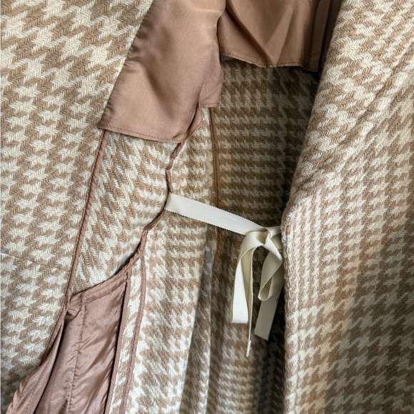 Vintage J. Crew Houndstooth long Wool Coat Tan Cream Size 4 P Checkered belted - Picture 10 of 16